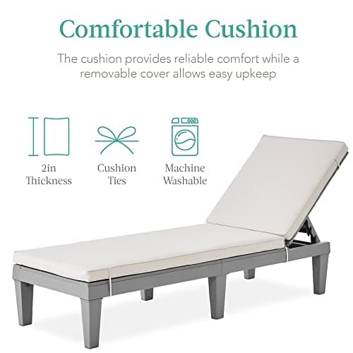 Best Choice Products Outdoor Lounge Chair, Resin Patio Chaise Lounger for Poolside, Backyard, Porch w/Seat Cushion, Adjustable Backrest, 5 Positions, 330lb Capacity - Gray/White Sand