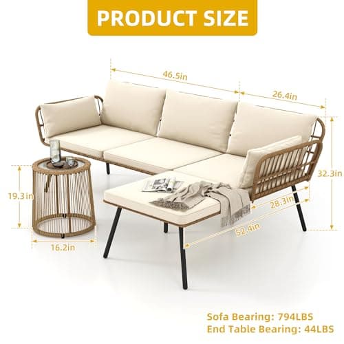 DWVO Patio Furniture Set 3 Piece Outdoor Wicker Conversation Set with Detachable Cushions and Coffee Table L-Shaped Sectional Sofa Set Outdoor Furniture Set for Backyard Porch Deck - Beige