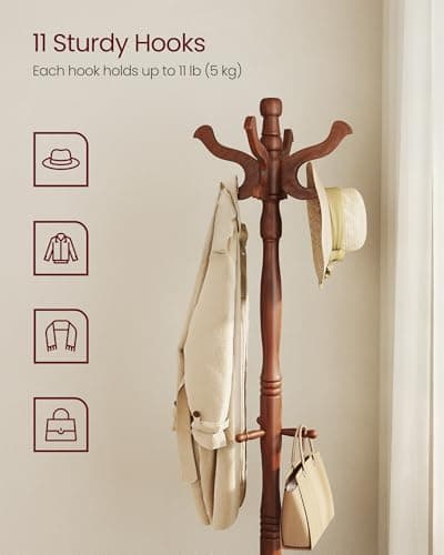 VASAGLE Coat Stand, Solid Wood Freestanding Coat Rack with 11 Hooks, Hall Tree for Bags, Purses, Hats, for Entryway, Hallway, Rubberwood, Caramel Brown URCR05WN