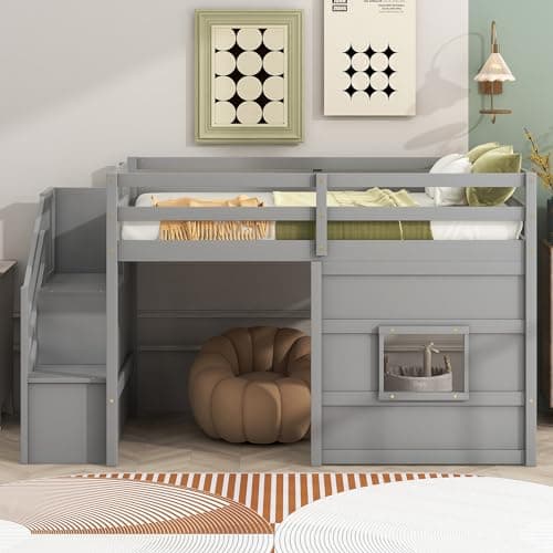 SOFTSEA Low Loft Bed with Stairs, Twin Size Loft Bed with Storage Staircase and Window, Kids Low Loft Bed Frame with Playhouse for Teens Juniors, No Box Spring Needed, Grey