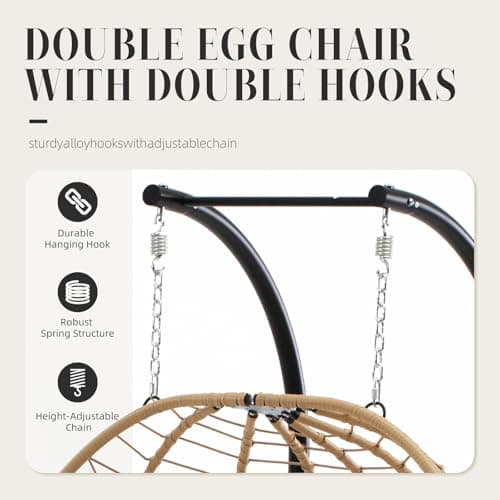 Easyego Double Egg Chair, 2-Person Hammock Chair with Stand, 660LBS Capacity, Thick Padded Cushion, UV Resistant PE Rattan Wicker, Indoor/Outdoor for Garden, Patio, Lawn, Bedroom, Balcony (Beige)