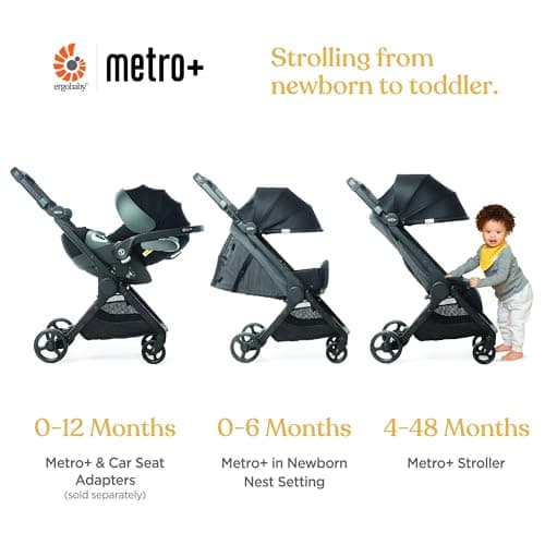 Ergobaby Metro+ Compact Baby Stroller, Lightweight Umbrella Stroller Folds Down for Overhead Airplane Storage (Carries up to 50 lbs), Car Seat Compatible, Slate Grey