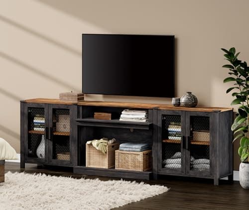 WAMPAT 2 in 1 TV Stand Set for 100 inch TV, Farmhouse Entertainment Center with 4 Mesh Door and Open Storage Shelves, Wood Media TV Console Table for Dining and Bedroom，Dark Walnut and Black