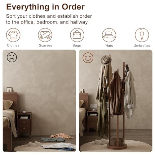Solid Wood Rotary Coat Rack, Freestanding Coat Rack with 3 Shelves and 9 Hooks, Coat tree for Bedroom, Entryway, Livingroom, Coat Hanger Stand for Coats, Scarves, Handbags (Walnut)