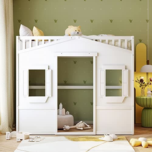Merax Twin Size Wood Loft Bed, House Bed Frame with Ladder and Safety Guardrails for Kids, No Box Spring Needed, White