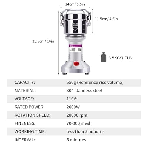 550g Grain Mill, 304 Stainless Steel Spice Grinder, 2000W High-speed Commercial Flour Mill, Superfine Flour Mill Grinder for Home, Grain Mill for Flour