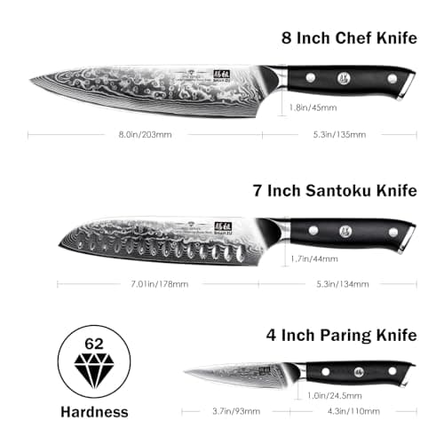 SHAN ZU Damascus Knife Set, Japanese Super Steel 3 PCS Damascus High Carbon Professional Ultra-Sharp Kitchen Chef Knife Set with G10 Handle Gift Box