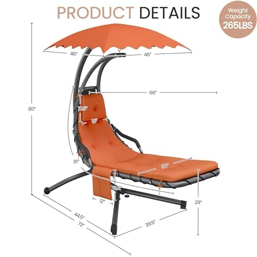 Yaheetech Outdoor Hanging Chaise Lounge Chair Hammock Chair w/Built-in Pillow and Removable Canopy for Patio Backyard Deck Garden - Orange