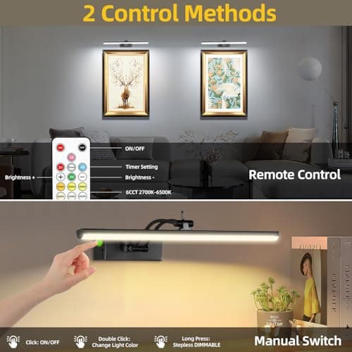 6 Colors Picture Lights Battery Operated with Remote, 16" Cordless Rechargeable Painting Lights with Timer for Wall, 6CCT Dimmable Display Lights for Artwork Gallery Dartboards, 4 Pack (Black)