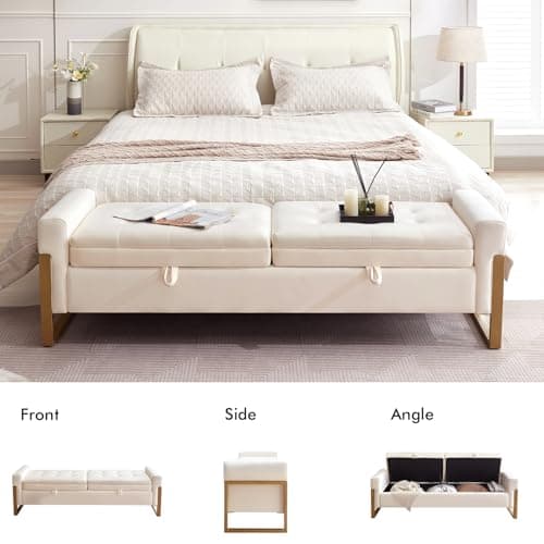 67" Storage Bench for Bedroom, King Size End of Bed Bench with Double Lids, Upholstered Storage Ottoman Bench with Golden Metal Legs, Bedroom Bench for Entryway, Cream