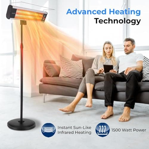 SereneLife Infrared Patio Heater 1500W Electric Heater Indoor/Outdoor Use, Portable Stand with Remote Control, IP65 Approved, 360° Tip-Over Safety Switch for Restaurant, Patio, Backyard, Garage, Decks