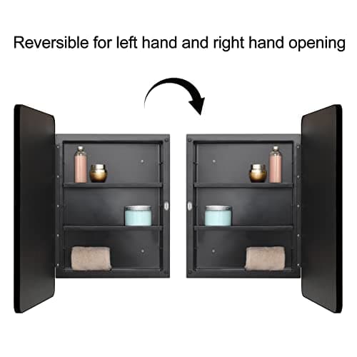 Fundin Plastic Black Medicine Cabinet, Beveled Edge Mirror Door with Round Corner Metal Frame, Recessed and Surface Mount Bathroom Medicine Cabinet, 16 x 24 inch Mirror Size