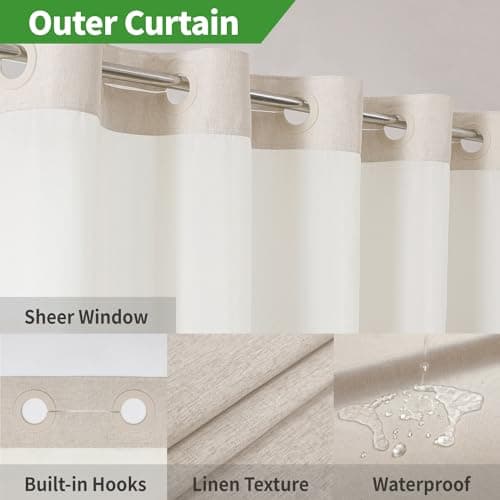 No Hooks Polyester Textured Shower Curtain with Snap-in Fabric Liner Set, Hotel Luxury Decor Shower Curtains for Bathroom with See Through Top Window, Waterproof & Washable, 71Wx74H, Cream