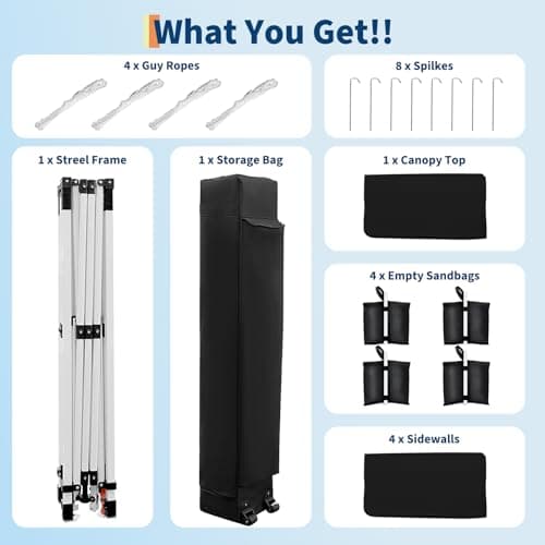 10'x10' Pop Up Canopy Tent with 4Pcs Sidewalls, Portable Instant Commercial Canopy with 4 Stakes, 4 Ropes, 4 Sandbags for Farmers' Market, Patio, Outdoor, Camping, Black