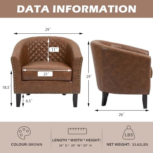 UIXE Faux Leather Accent Chairs Set of 2, Barrel Club Chair Modern Upholstered Armchair for Living Room, Comfy Nailed Trim Arm Chair Bedroom Reading Seat, Brown