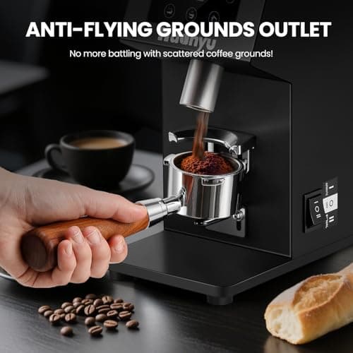 Huanyu Commercial Coffee Grinder with 64mm Flat Burr Anti-Flying Grounds Outlet 26oz Lotus Hopper 8 Stepless Settings Electric Coffee Grinders with Smart Touchscreen for Cafés Restaurants