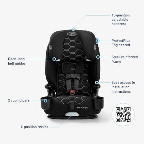 Graco Nautilus 2.0 LX 3-in-1 Forward Facing Car Seat, High Back Booster, Backless Booster Car Seat Featuring InRight & Latch, Hex