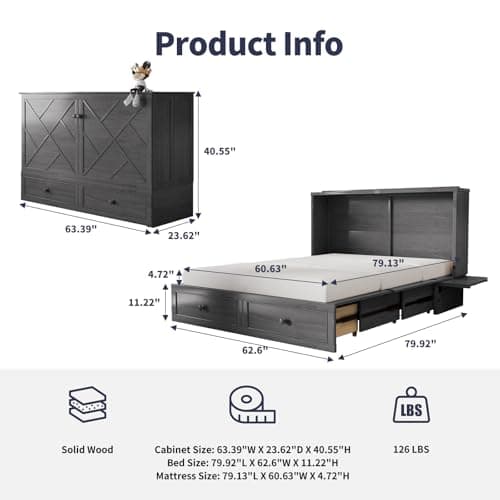 ijuicy Murphy Bed Queen with Foam Mattress, Convenient Murphy Bed Cabinet with Charging Station & Storage Board, Bed That Folds into Cabinet with Large Storage Drawer for Bedroom,Guest Room(Grey)