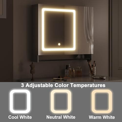 ChooChoo Lighted Bathroom Medicine Cabinet with Mirror, Wall-Mounted Bathroom Wall Cabinet with Mirror Doors, LED Lights, Adjustable Shelves, Towel Bar, White