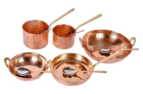 Pure Cookware 10 Piece Set with Serving Spoon (Sauce Pan | Copper Kadhai Set | Copper Fry Pan) with Brass Handle for Cooking Purpose