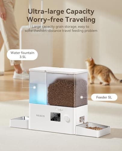 Rojeco 36Cups/8.5L Pet Automatic Cat Feeder and Gravity Water Dispenser,Stainless Steel Bowls 2-in-1 Set Large Capacity 5L Food Feeder and 3.5L Water Fountain for Cats,Pets,Small Dogs,Puppies,Kittens