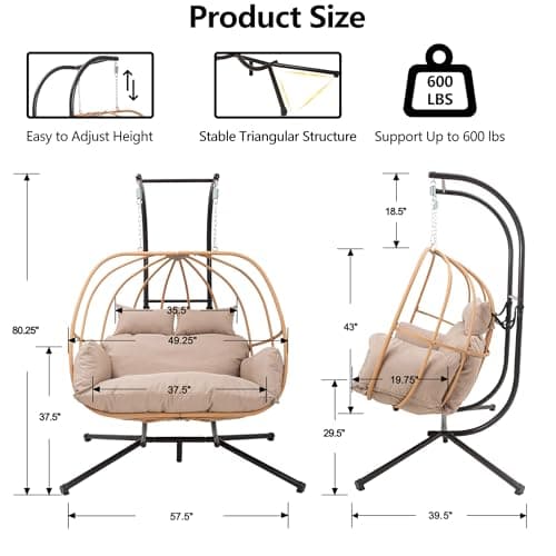Double Egg Chair Outdoor, Egg Swing Chair with Stand, Hanging Egg Chair Outdoor with Cushions/Headrest, 80" H Hanging Chairs with Stand Indoor, Metal Basket Swing Egg Chairs for Deck, Khaki