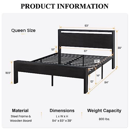 SHA CERLIN 14 Inch Queen Size Metal Platform Bed Frame with Wooden Headboard and Footboard, Mattress Foundation, No Box Spring Needed, Large Under Bed Storage, Non-Slip Without Noise, Black Oak