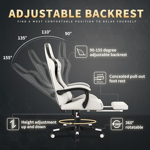 Gaming Chair, 400 lbs Adult Chair, High Back Computer Chair with Footrest and Linked Armrests, Office Video Game Chair with Lumbar Support(White)