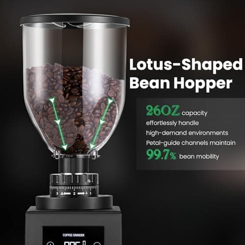 Huanyu Commercial Coffee Grinder with 64mm Flat Burr Anti-Flying Grounds Outlet 26oz Lotus Hopper 8 Stepless Settings Electric Coffee Grinders with Smart Touchscreen for Cafés Restaurants