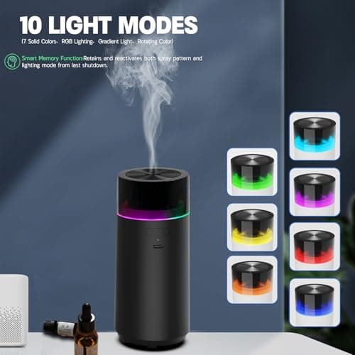 HODEMI Car Diffuser with Auto Start-Stop,Portable Humidifier with Memory Function,Battery-Powered Essential Oil Diffuser with 8-Color Ambient Ligh for Car,Home,Office,and Travel (Black)