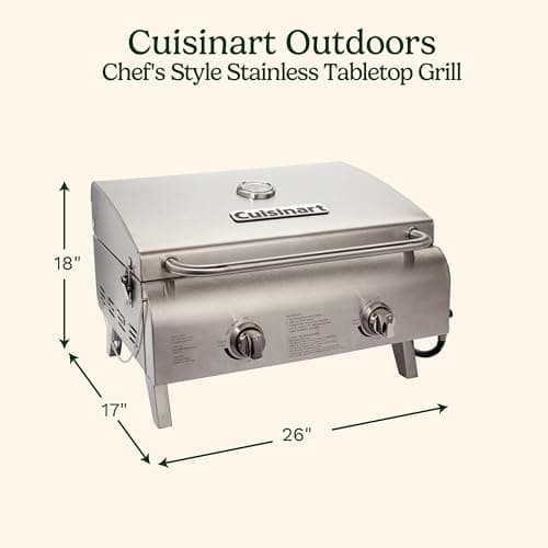 Cuisinart Chef's Style Tabletop Portable Propane Gas Grill with Dual Burners (20,000 BTUs Total), Twist-Start Ignition Stainless Steel BBQ Grill for Camping, Tailgates, BBQ, Hassle-Free Setup