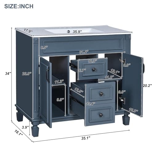Merax 36" Bathroom Vanity with Sink, 36" Bathroom Vanity Cabinet with Matching Mirror Medicine Cabinet, Bathroom Storage Set (Blue)