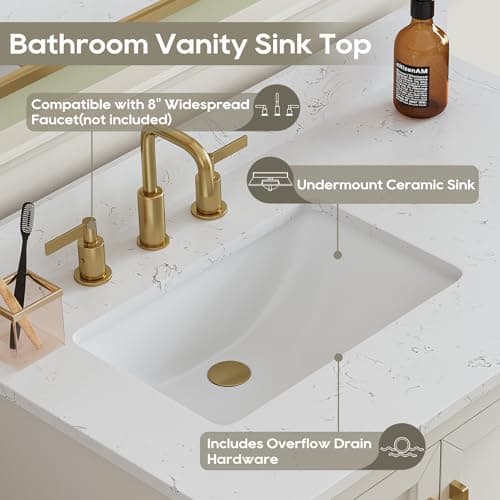 36 Inch Bathroom Vanity with Sink, Solid Wood Frame with Engineered Marble Top, Fully Assembled Storage Cabinet with 2 Soft-Closing Doors & 4 Drawers, Backspalsh, Greige