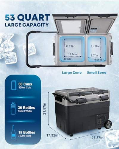 Kohree 12V Car Refrigerator, 53 Quart (50L) Portable Refrigerator, Dual Zone -4℉-68℉ Car Fridge Portable Freezer 12/24V DC and 100-240V AC for RV, Camping,Travel