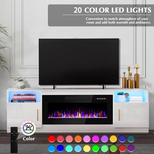 Lemberi Fireplace tv Stand with 36 inch Fireplace Up to 80" TVs,LED Light Entertainment Center and Storage, 70" Modern Wood Media TV Console with Highlight Cabinet for Living Room (White)