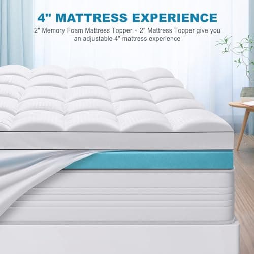 MASVIS King Size Dual Layer 4 Inch Memory Foam Mattress Topper, 2 Inch Gel Memory Foam and 2 Inch Cooling Pillow Top Mattress Pad Cover for Back Pain, Medium Support