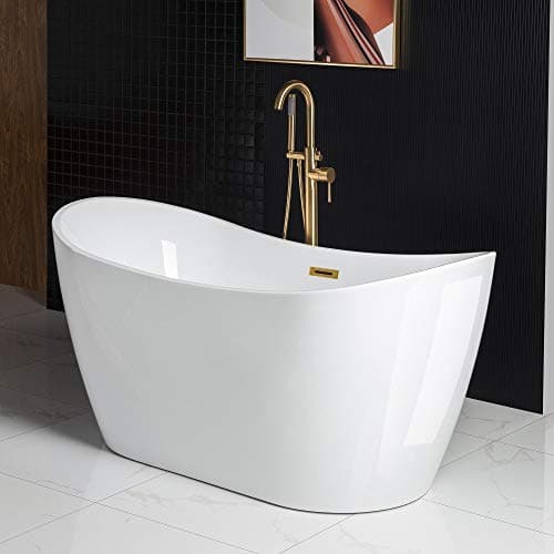 WOODBRIDGE 59" Acrylic Freestanding Bathtub Contemporary Soaking White Tub with Brushed Gold Overflow and Drain，BTA1516-BG-Drain-&O