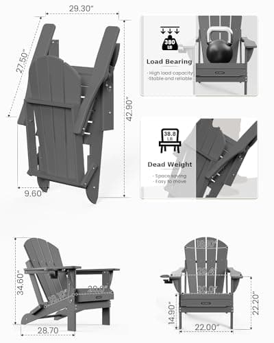 MUCHENGHY Folding Adirondack Chairs HDPE Weather Resistant 4 Pack, Patio Firepit Chairs, Sturdy Outside Chairs, Lawn Chairs, 15min Assembly 380lb Grey