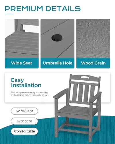HDPE Outdoor Dining Set 7-Piece Patio Table and Chairs with Umbrella Hole, All-Weather Patio Dining Set for 6, Durable Patio Furniture Set for Backyard, Garden, Lawn & Poolside, Grey