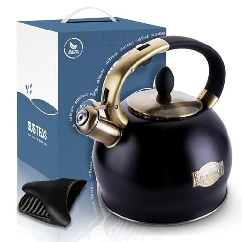 SUSTEAS Stove Top Whistling Tea Kettle - Food Grade Stainless Steel Teakettle Teapot with Cool Touch Ergonomic Handle, With 1 Silicone Pinch Mitt Included, 2.64 Quart(BLACK)