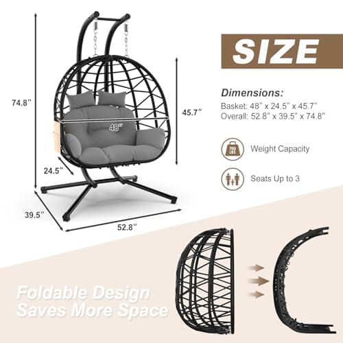 ZENPETIO Double Egg Chair with Stand, 2 Person Swing Egg Chair, Rattan Wicker Swing Chair with UV Resistant Cushion and Pillow, for Indoor Outdoor Bedroom Patio Hanging, Black
