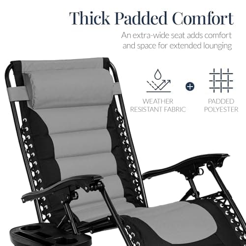 Best Choice Products Oversized Padded Zero Gravity Chair, Folding Outdoor Patio Recliner, XL Anti Gravity Lounger for Backyard w/Headrest, Cup Holder, Side Tray, Polyester Mesh - Gray