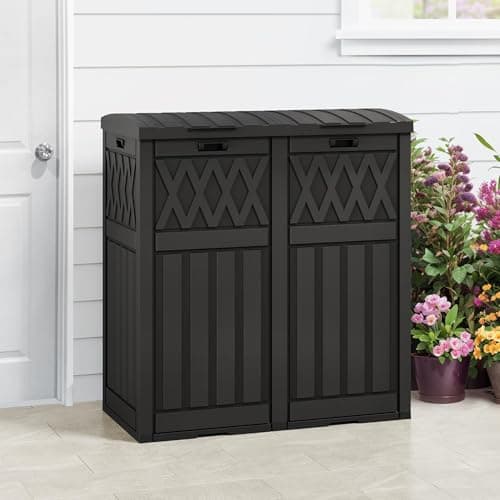 DWVO 66 Gallon Double-Bin Outdoor Trash Can, Waterproof Resin Garbage Can with Tiered Lid and Drip Tray for Patio, Kitchen, Deck, and Backyard - Black