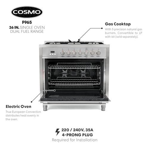 COSMO F965 36 in. Stellar Collection 3.8 cu. ft. Dual Fuel Range, 5 Sealed Burners, 8 Function Convection Oven in Stainless Steel