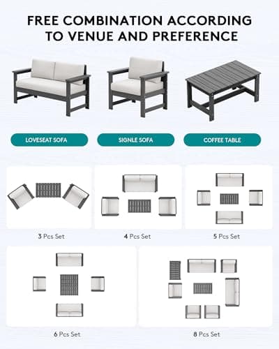 SERWALL 5 Pieces HDPE Outdoor Sofa Set with Cushions, All Weather Use Patio Conversation Couch Loveseat Furniture with Coffee Table for Balcony, Deck, Poolside, Grey Frame with Khaki Cushions
