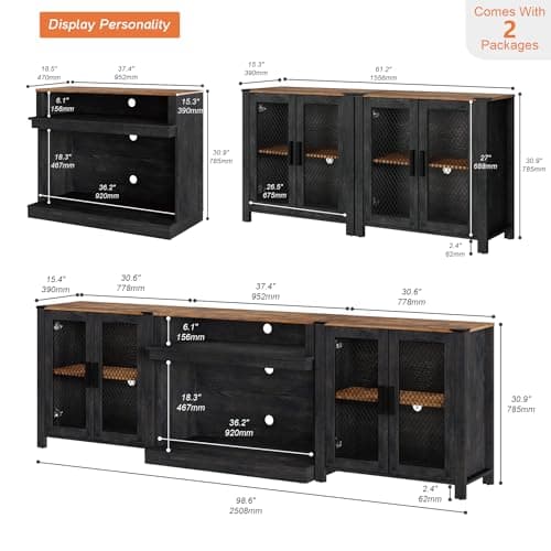 WAMPAT 2 in 1 TV Stand Set for 100 inch TV, Farmhouse Entertainment Center with 4 Mesh Door and Open Storage Shelves, Wood Media TV Console Table for Dining and Bedroom，Dark Walnut and Black