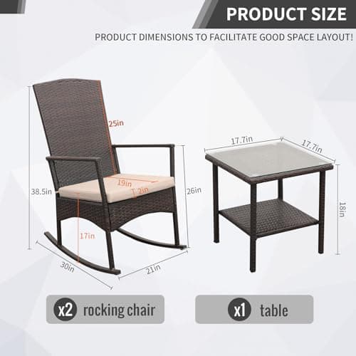 Outdoor Rocking Chair 3 Pieces High-Backed Rocking Chair Patio Rocking Chairs Outdoor Table, Khaki
