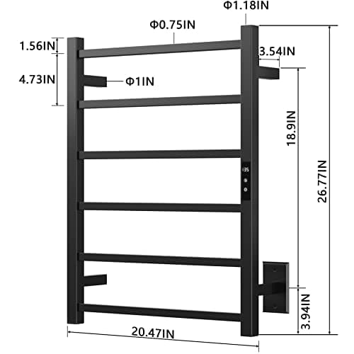 Towel Warmer Rack with 24hr Timer, Matte Black Heated Towel Rack for Bathroom, Plug-in/Hardwired, Wall Mounted 6-Bar Electric Towel Warmer with Temperature Control