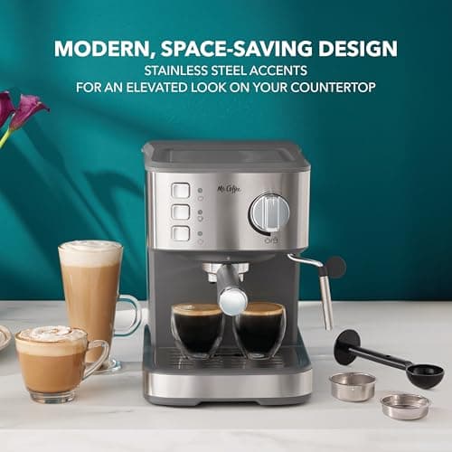 Mr. Coffee Compact Espresso Maker, Espresso Machine With Steam Wand, 15-Bar Pump Automatic Espresso Machine