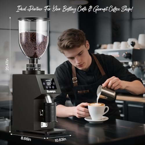 Huanyu Commercial Coffee Grinder with 64mm Flat Burr Anti-Flying Grounds Outlet 26oz Lotus Hopper 8 Stepless Settings Electric Coffee Grinders with Smart Touchscreen for Cafés Restaurants